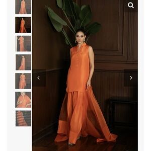 Pakistani designer Orange silk Dress with very trendy Farshi Shalwar. S/M